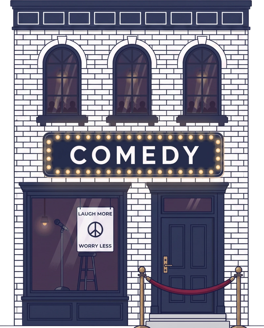 Flat navy line illustration of a white brick comedy club storefront: a lit COMEDY marquee with glowing bulbs, a Laugh more, worry less poster in the window, a standing microphone on the dim lavender stage inside, and a red velvet rope on brass stanchions by the door