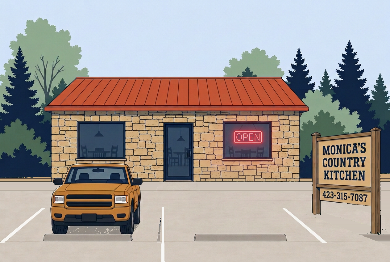 Illustration of Monica's Country Kitchen: a low stone roadside restaurant with a terracotta metal roof, a plain window on each side of a glass front door, a glowing neon sign in the window reading OPEN, a yellow pickup truck parked nose-in on the concrete lot, and a roadside sign reading Monica's Country Kitchen with the phone number 423-315-7087