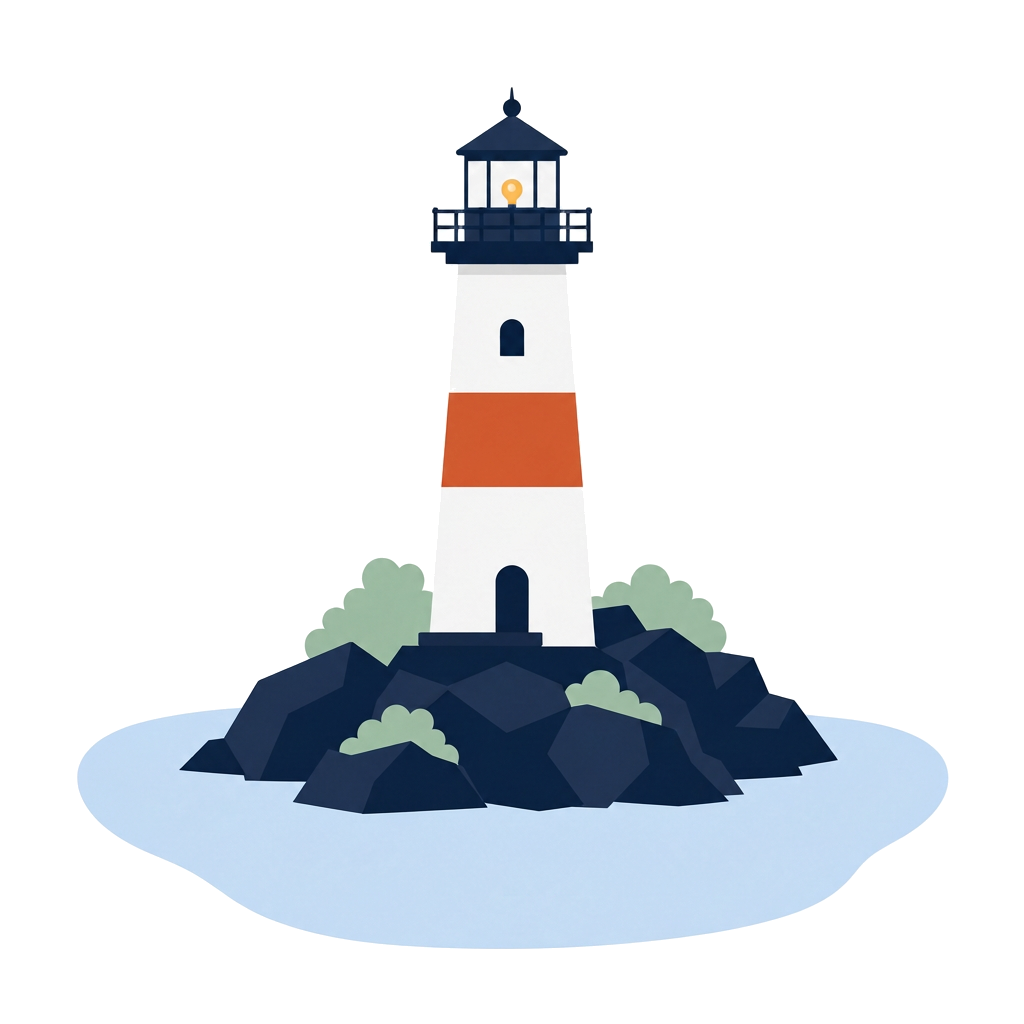 Illustration of a lighthouse standing on a rocky island surrounded by calm water