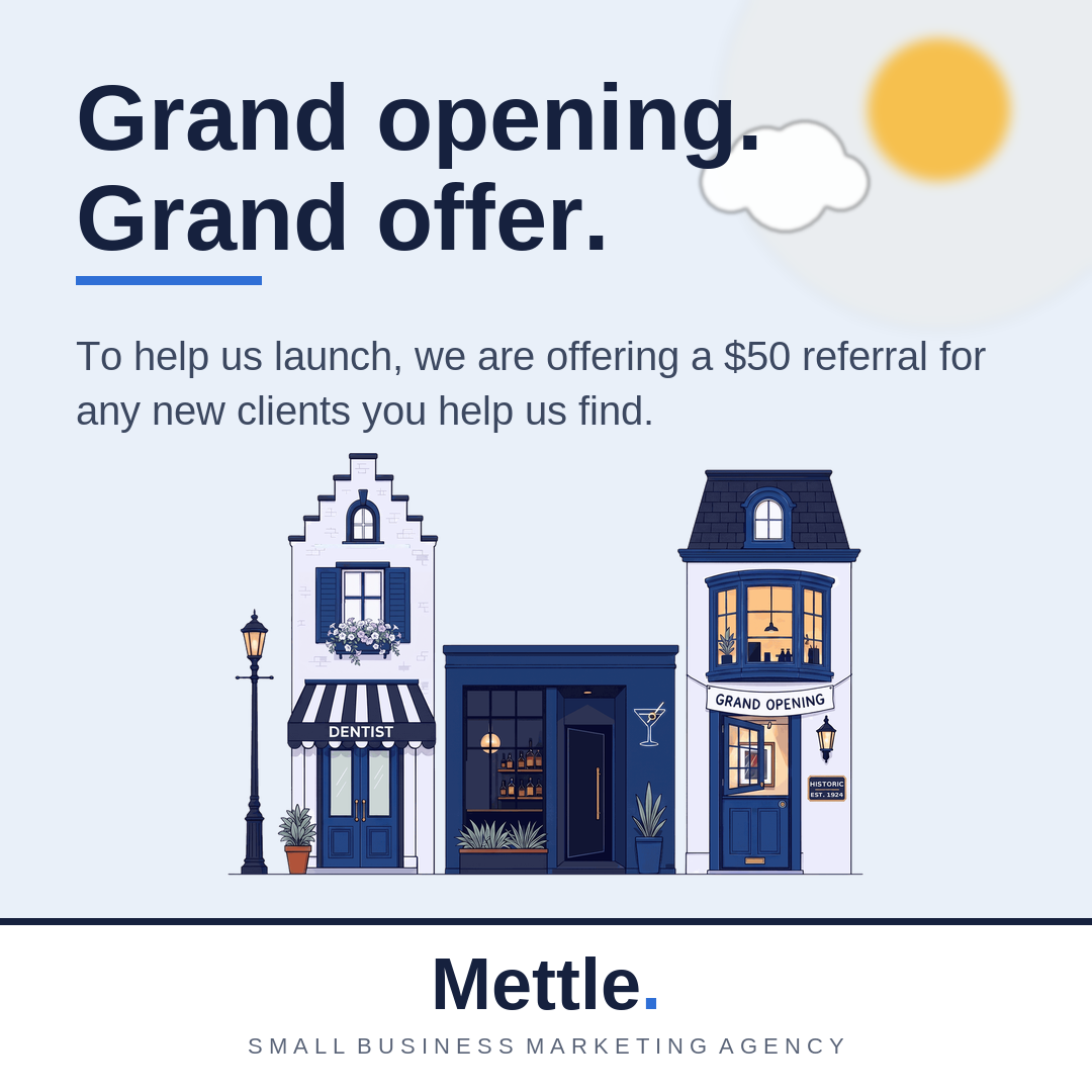 Share card that reads: Grand opening. Grand offer.