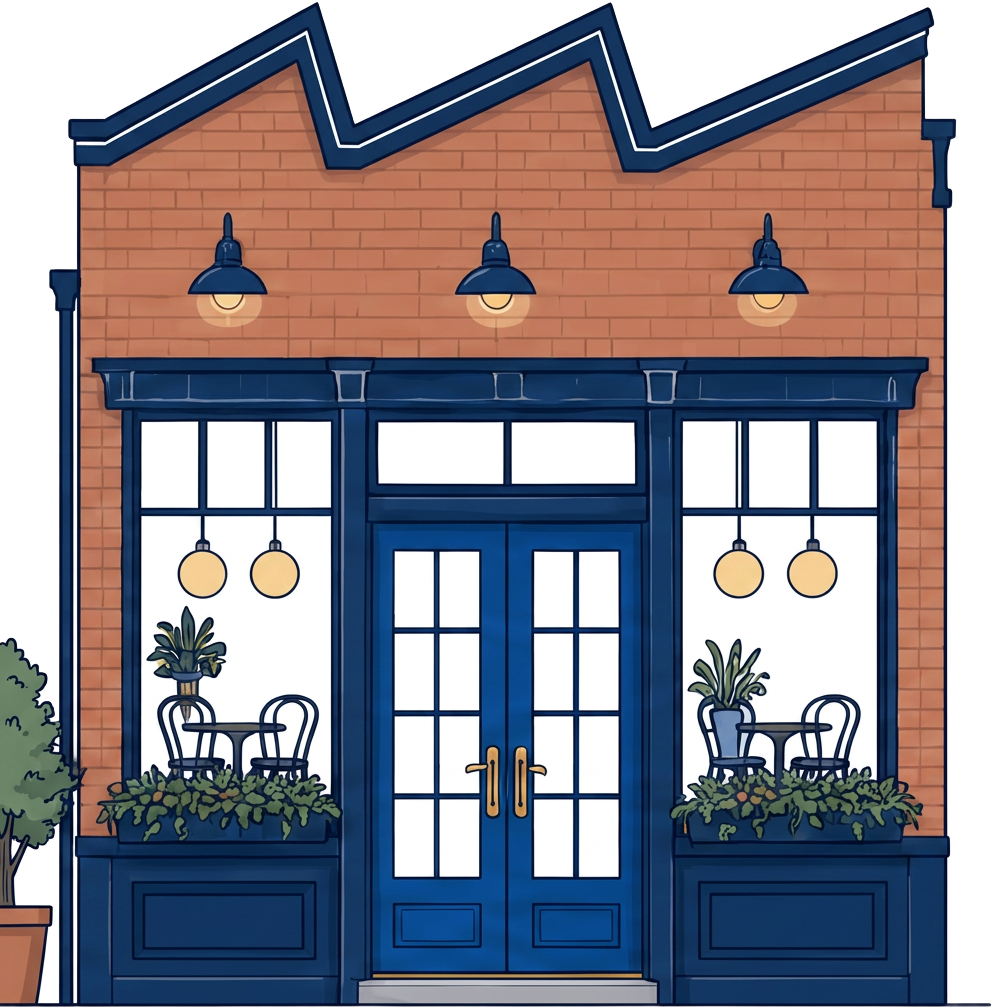 Illustration of an illustrated brick bistro storefront