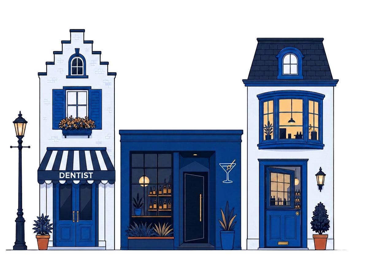 Illustrated row of small business storefronts: a bakery, a cocktail lounge and a salon