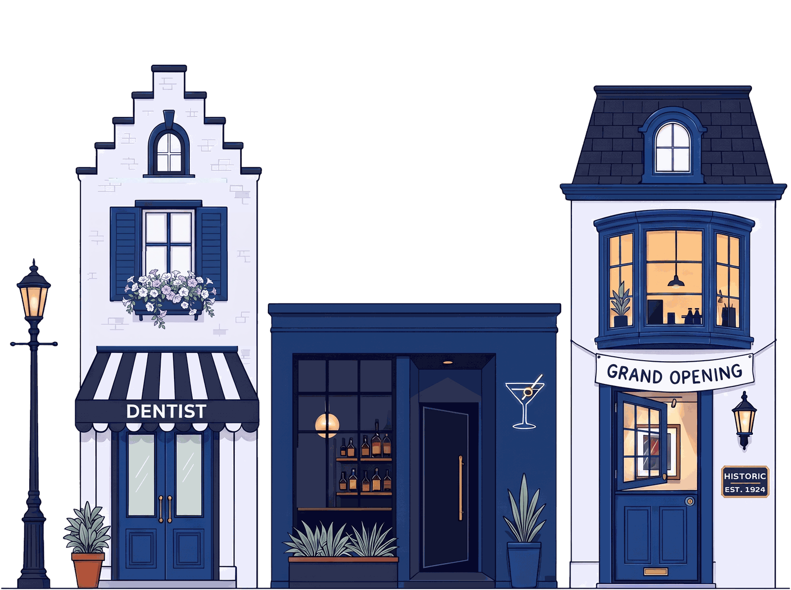 Illustration of three small business storefronts: a dentist, a cocktail bar and an art gallery