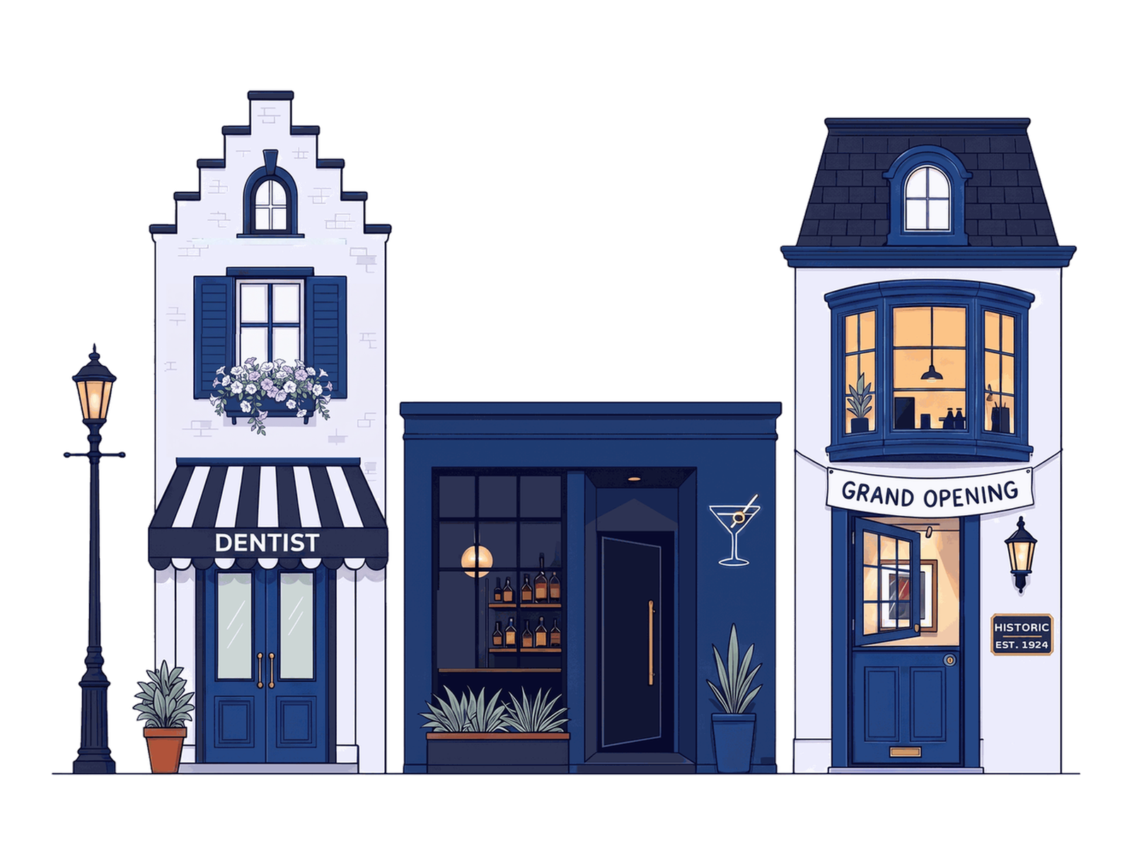 Illustration of three small business storefronts: a dentist, a cocktail bar and an art gallery