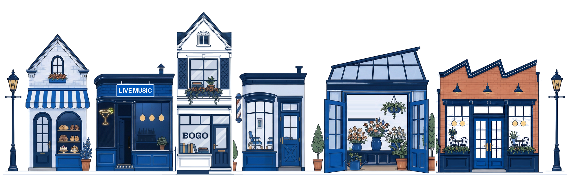Illustrated street of six small business storefronts: bakery, cocktail lounge, bookshop, barbershop, florist and bistro